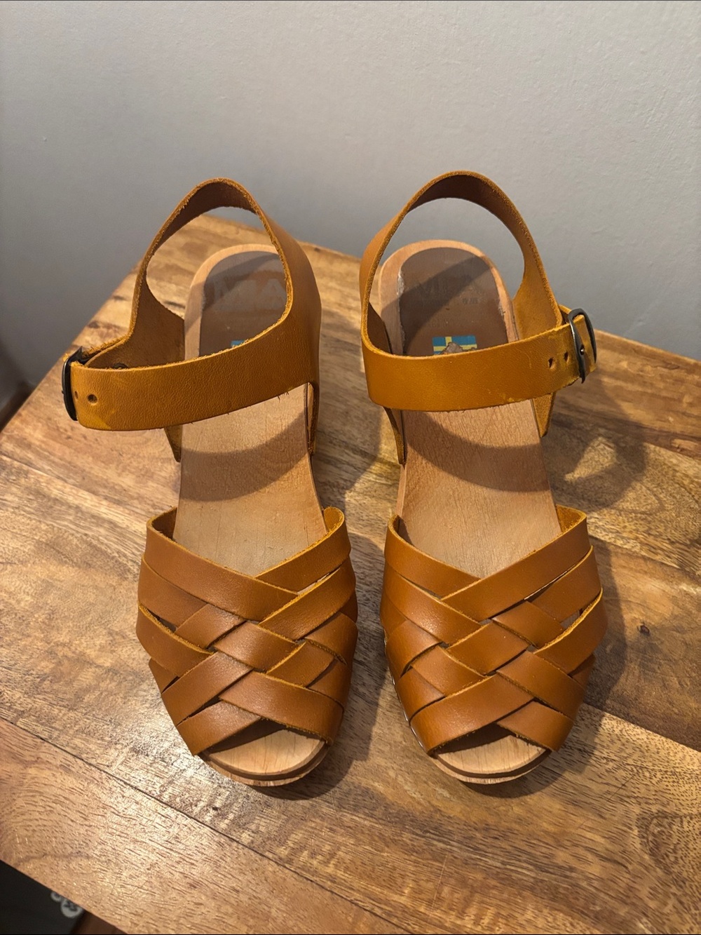 MIA Cognac Woven Leather Ankle-Strap Wooden Heeled Clogs